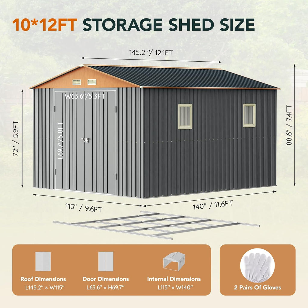 Verdeluxe 10x12x7.4FT Multi-Used Shed & Outdoor Storage Shed with Base, Lockable Doors, Windows and Vents, Extra Large Metal Shed for Garden,Backyard, Patio,Utility, Various Storage Shed(Matte Gray)