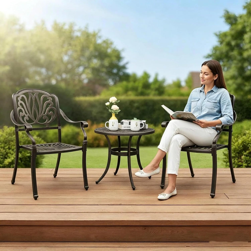 VINGLI 3 Piece Outdoor Bistro Set, Cast Aluminum Patio Table and 2 Chairs Set for Patio Balcony Garden, All Weather Outdoor Furniture Set with Stackable Chairs and Small Round Table (Without Cushion)