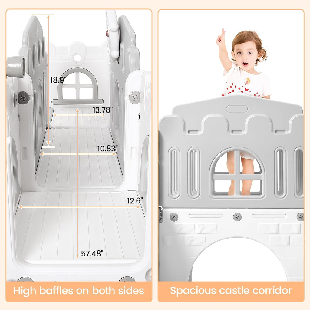 8 in 1 Toddler Slide Indoor Playground, Indoor Slide Toddler Playset for Toddlers 1-3, Kids Outdoor Playground with Basketball Hoop, Climber, Crawling Tunnel, Telescope, Toy Storage