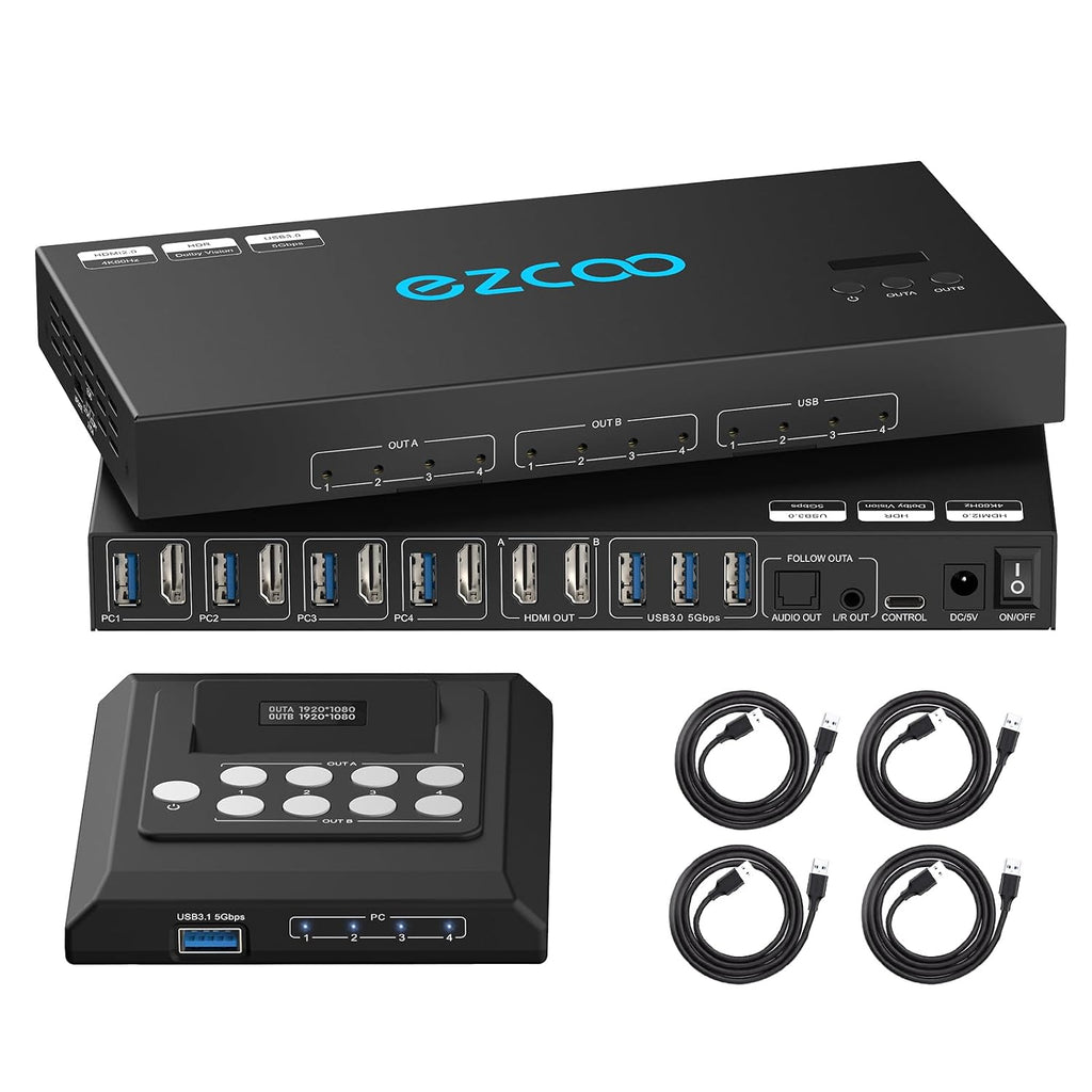 4K@60Hz HDMI 2.0 KVM Switch 4x1 for 4PC Share 2 Displays and 4 USB 3.0 Ports SPDIF L/R Audio,Copy/Extended Mod compatibile with Windows, Unix and Mac OS X