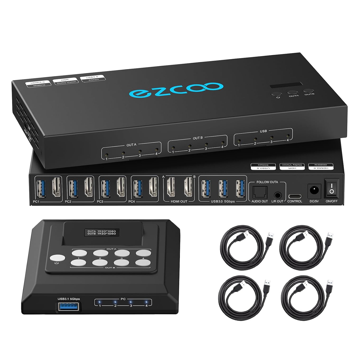 4K@60Hz HDMI 2.0 KVM Switch 4x1 for 4PC Share 2 Displays and 4 USB 3.0 Ports SPDIF L/R Audio,Copy/Extended Mod compatibile with Windows, Unix and Mac OS X