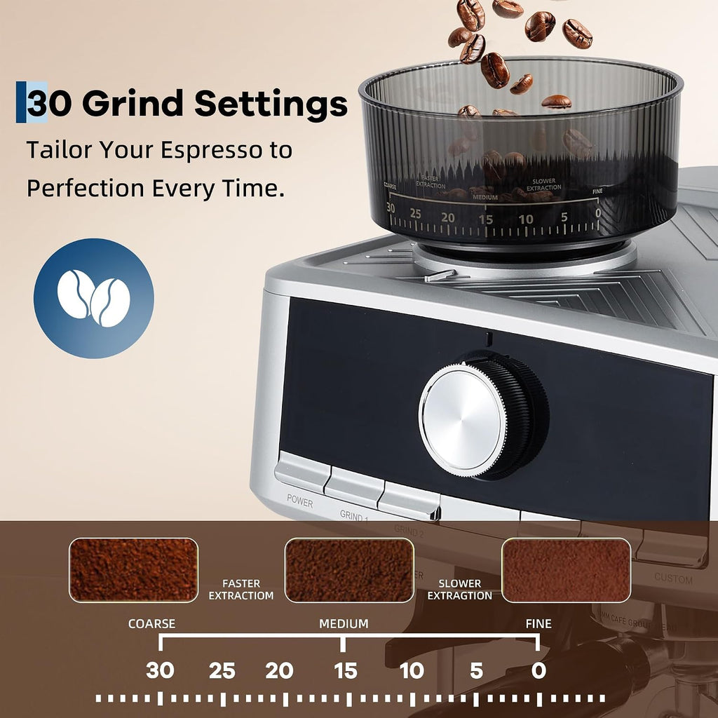 TROPOW Espresso Machine with Grinder - 20 Bar Pressure Professional, Stainless Steel Coffee Maker with Milk Frother, 1.5l Removable Water Tank for Latte, Cappuccino, Home & Office