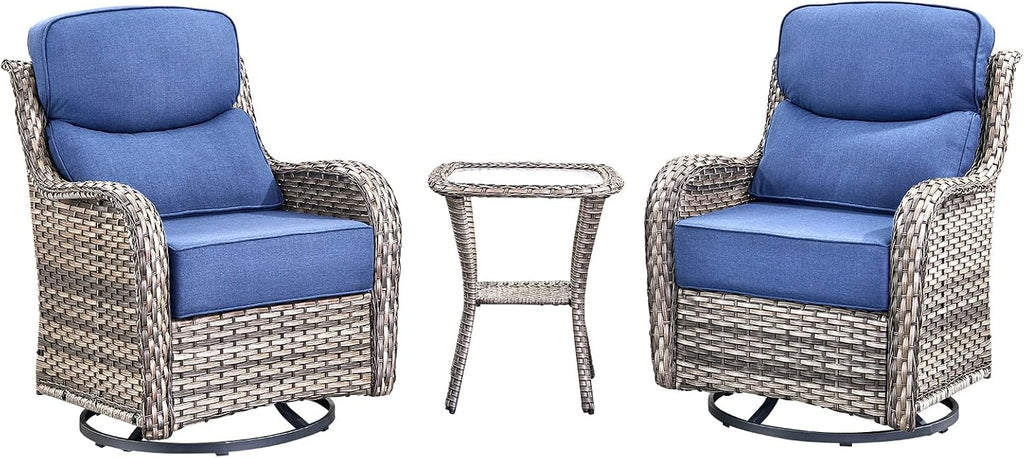 Luxury High Back Outdoor Swivel Rocker Patio Chairs with Side Table & 6-Inch Thick Cushions, 3 Pieces Patio Furniture Set for Porch, Balcony, Deck and Yard