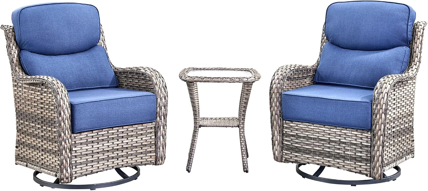 Luxury High Back Outdoor Swivel Rocker Patio Chairs with Side Table & 6-Inch Thick Cushions, 3 Pieces Patio Furniture Set for Porch, Balcony, Deck and Yard