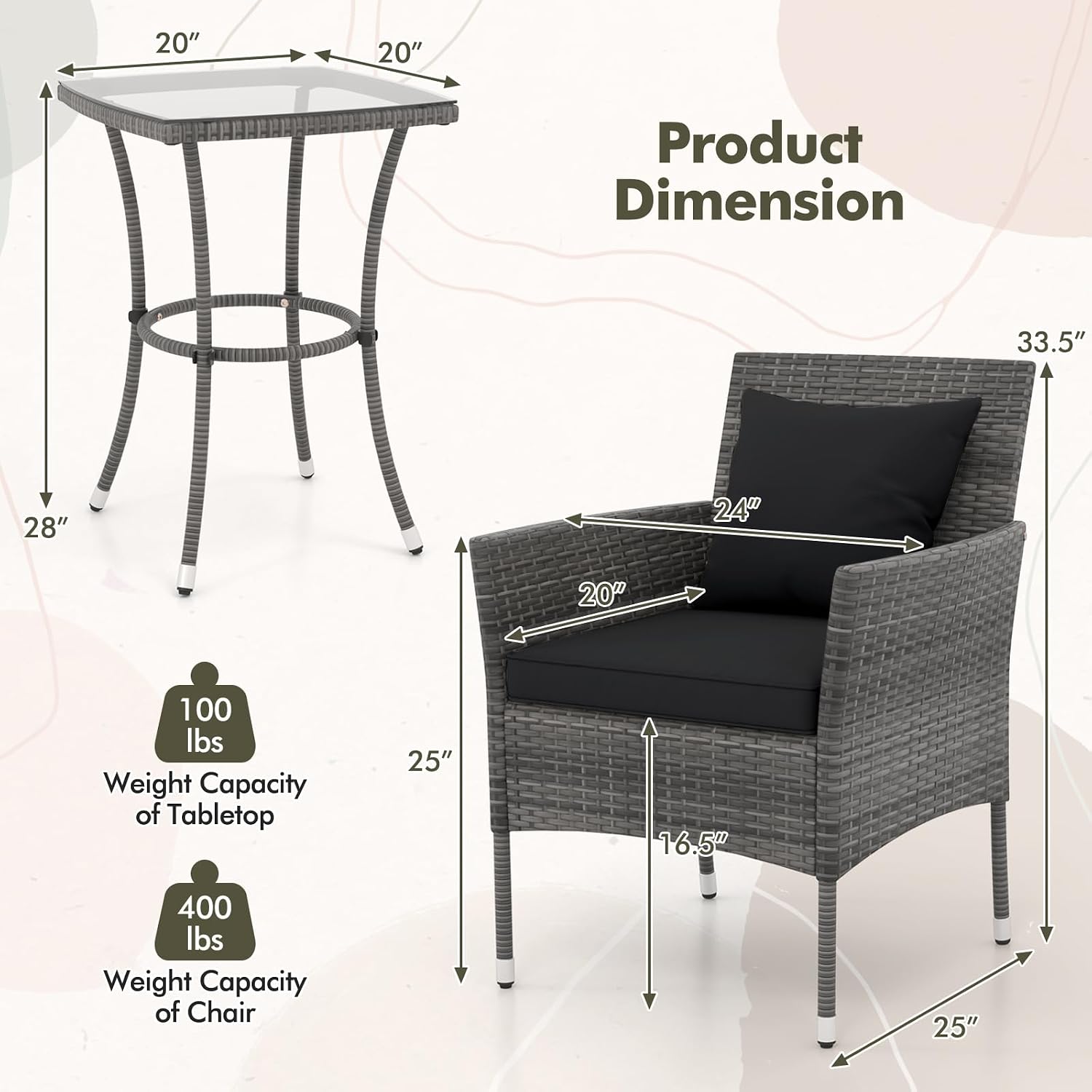 RELAX4LIFE 3-Piece Patio Furniture Set - Rattan Wicker Outdoor Furniture w/Cushions & Tempered Glass Coffee Table, Small Conversation Bistro Table and Chairs Set of 2 for Garden Porch Balcony (Black)