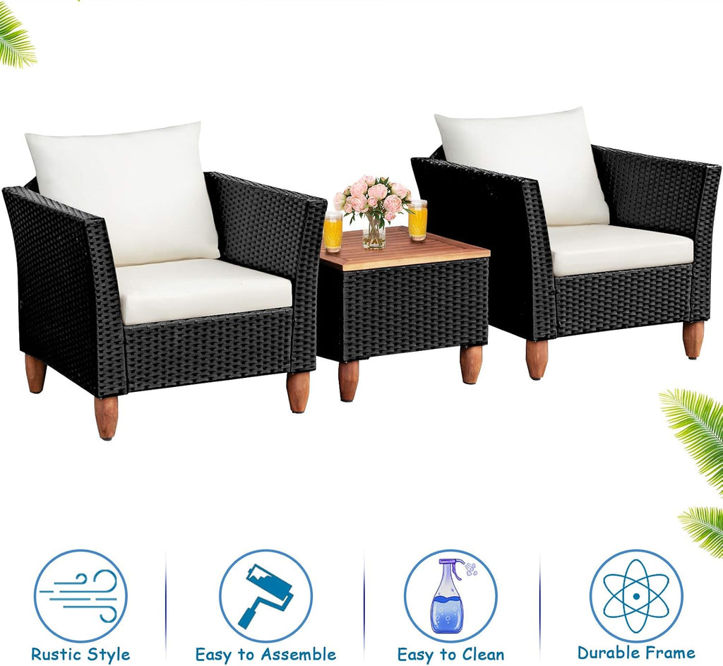 COSTWAY 3 Pieces Patio Rattan Furniture Set, Outdoor Wicker Conversation Chairs Set with Acacia Wood Coffee Table & Washable Cushion, Porch Furniture Bistro Set for Balcony, Garden, Backyard, White