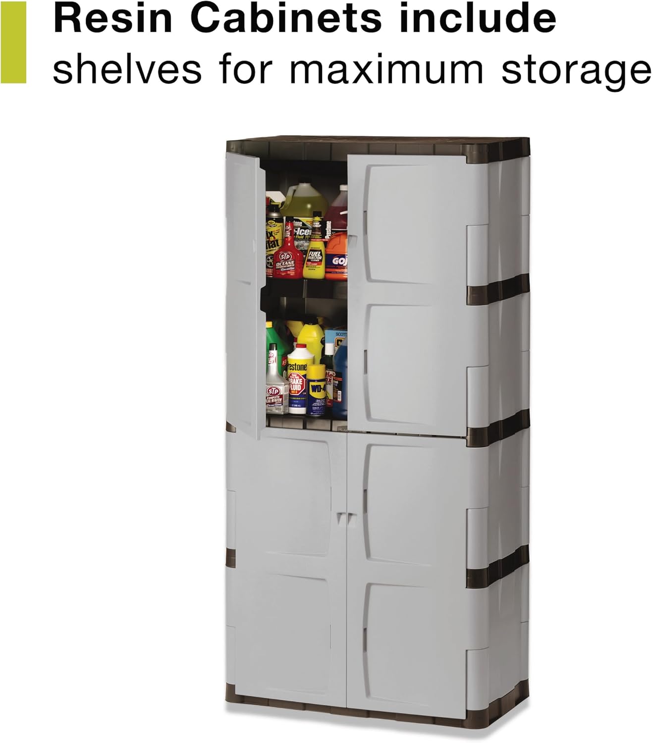 Rubbermaid Freestanding Storage Cabinet Five Shelf with Double Doors Lockable Large 690-Pound Capacity Gray For Garage/Outdoor Garden Tools/Toys/Power Tools/Pool Accessories Grey