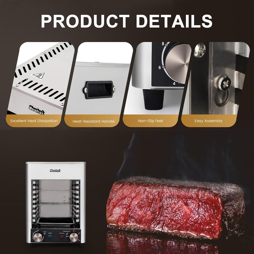Electric Steak Grill, Commercial Indoor Countertop Oven, Adjustable Time Temperature, 800°C Constant Temperature Electric Grill, for Toast, and Broil Chicken, Beef, Pork, and Vegetables,NPJ-003-110V