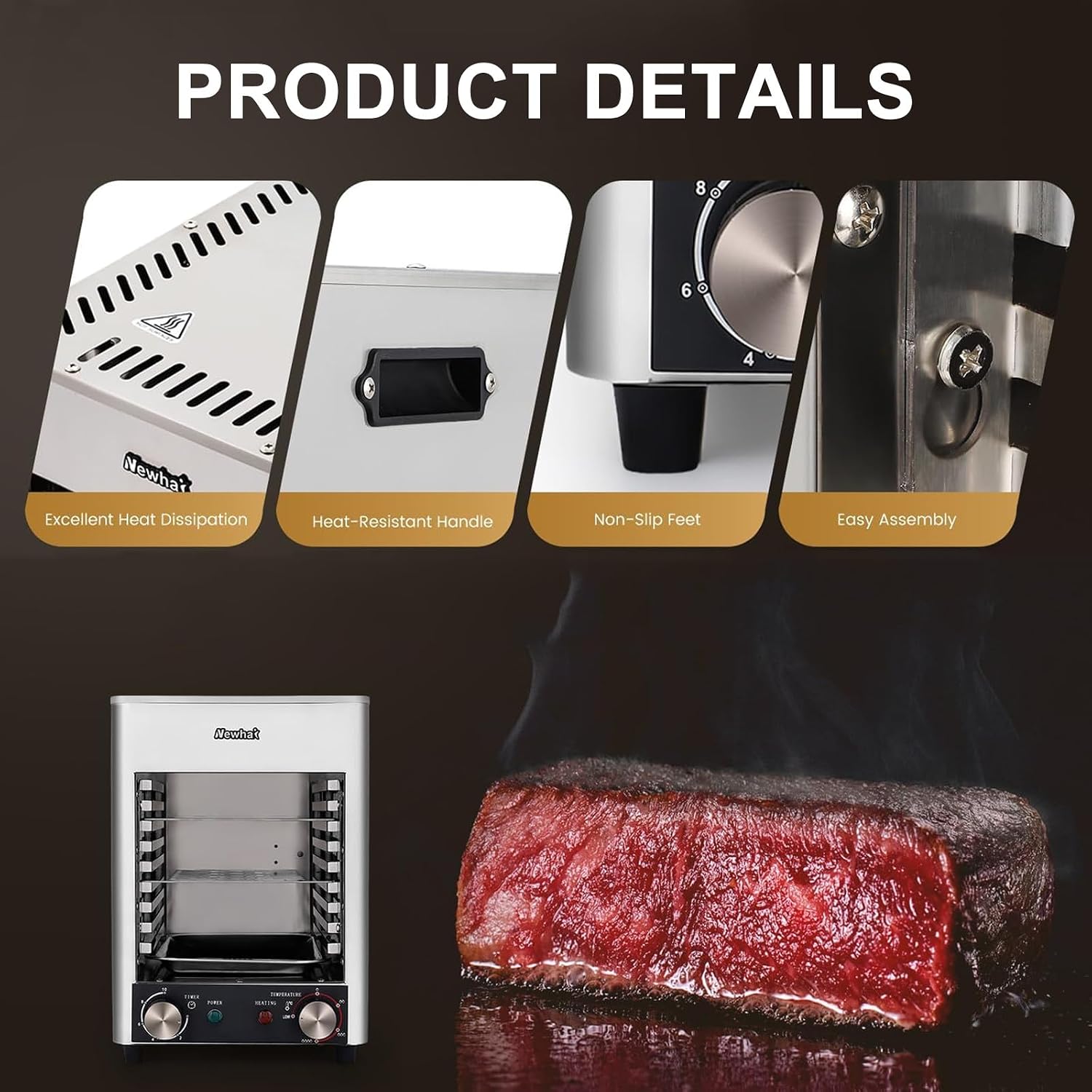 Electric Steak Grill, Commercial Indoor Countertop Oven, Adjustable Time Temperature, 800°C Constant Temperature Electric Grill, for Toast, and Broil Chicken, Beef, Pork, and Vegetables,NPJ-003-110V