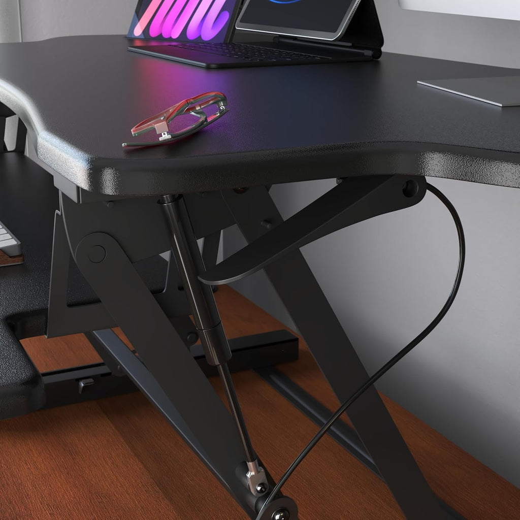 Mount-It! Standing Desk Converter, 48' Wide Sit Stand Desk Riser with Dual Gas Spring Handles, Height Adjustable from 6'–19.25', Extra Large Tabletop for 2 Monitors, Keyboard Tray & Device Slot, Black