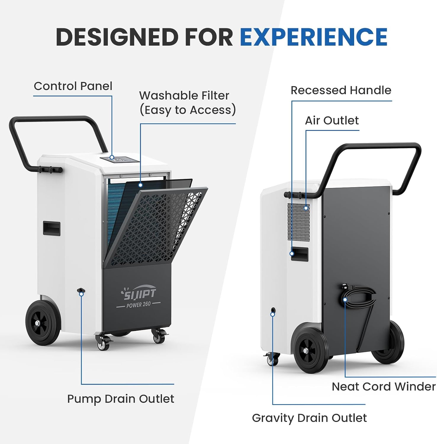 Commercial Dehumidifier with Pump, 260 Pints Industrial Dehumidifier for Basements, Industrial or Commercial Spaces, and Flood Restoration up to 8,500 Sq Ft with Auto Defrost