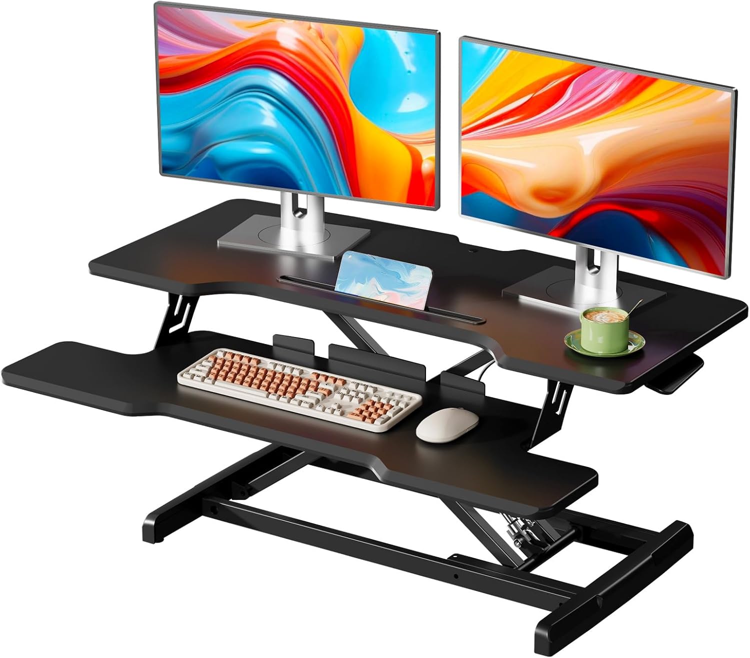 35' Standing Desk Converter, Height Adjustable Desktop Riser with Keyboard Tray for Two Monitors, Sit to Stand up Computer Workstation for Home Office, Black