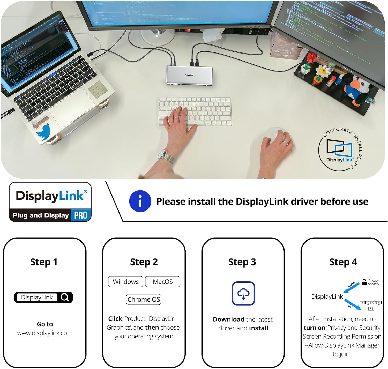 WAVLINK USB C DisplayLink (DL7400) Premium Docking Station, 2xHDMI and 2xDP, Dual 8K@60Hz,Quad 4K@60Hz for Windows 10/11 and Mac M1-M5/Macbook Neo,100W PD Charging to Host, 2.5G Ethernet,USB C, SD4.0