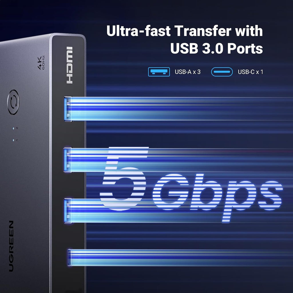 UGREEN USB-C KVM Switch 2 Monitors 2 Laptops with 4 USB 3.0 Ports 4K@60Hz for 2 Laptops Share Dual Monitors Keyboard Mouse Hard Drive Printer with PD100W Power Adapter, 2 USB Cables, Controller
