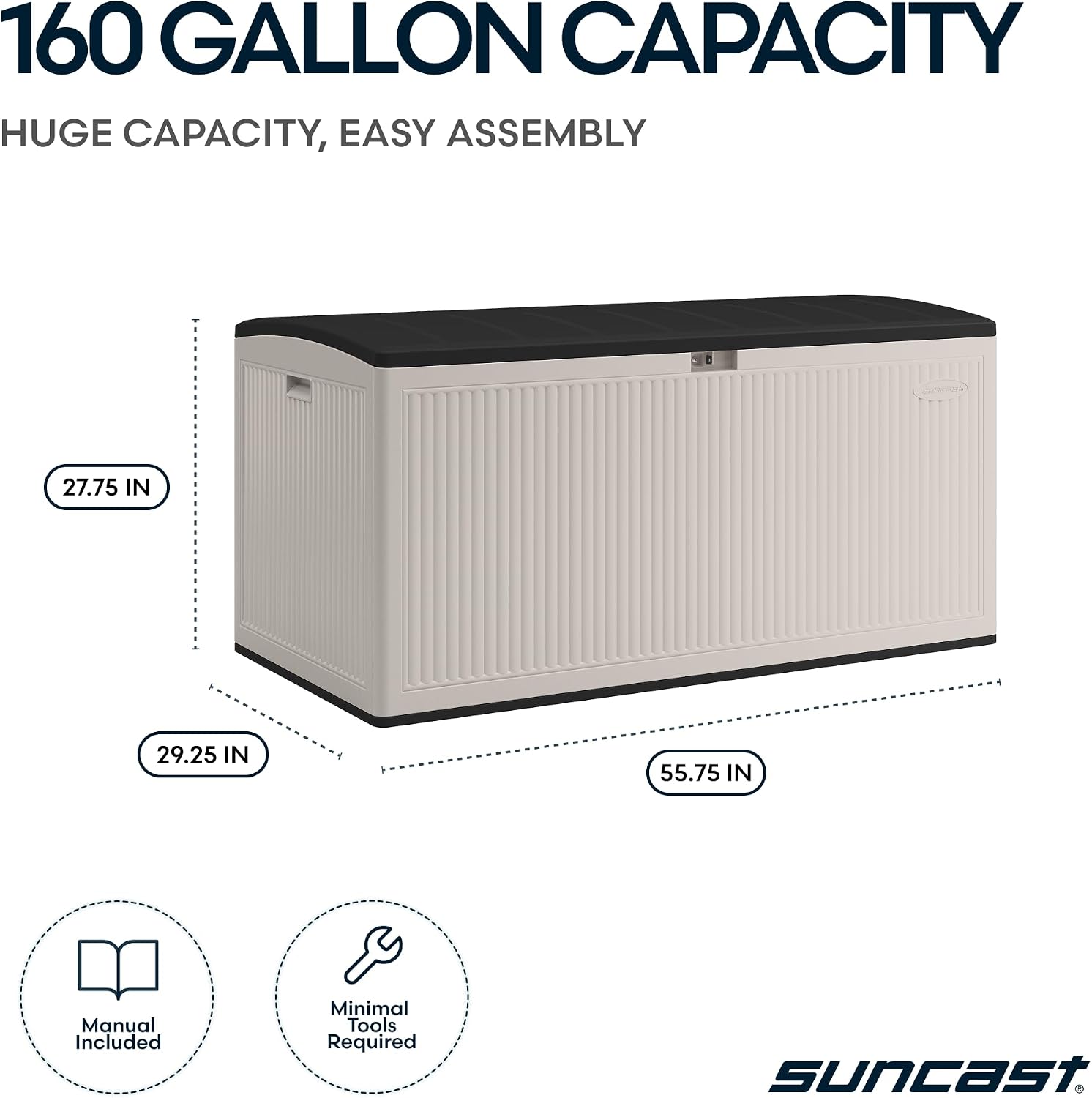 Suncast 160-Gal. Resin Extra-Large Outdoor Patio Deck Box with Pad-Lockable Lid, Modern Reeded Outdoor Patio Bench/Storage Box for Cushions, Garden Tools, and More, Iron Ore/French Gray