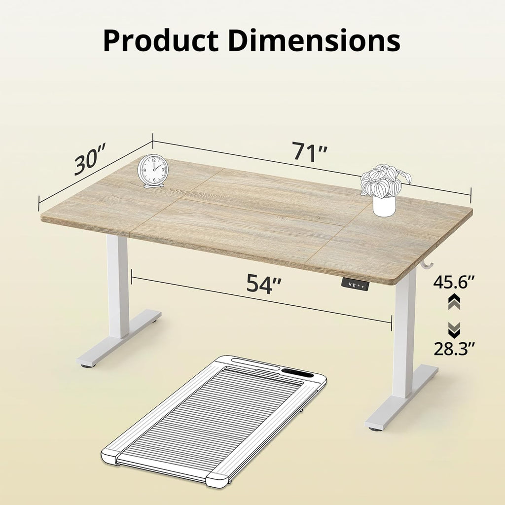 TIQLAB Electric Height Adjustable Standing Desk 71 * 30 inch, Sit Stand Desk with Splice Board, Memory Controller, White Frame & Maple Top Computer Workstation for Home Office