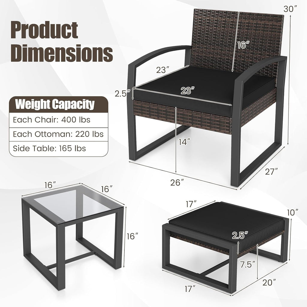 Tangkula 5 Pieces Wicker Patio Conversation Set, Outdoor PE Rattan Chair with Ottoman Set with Glass Side Table, 2-Person Small Balcony Furniture Seating Set with Cushions for Porch, Backyard, Deck