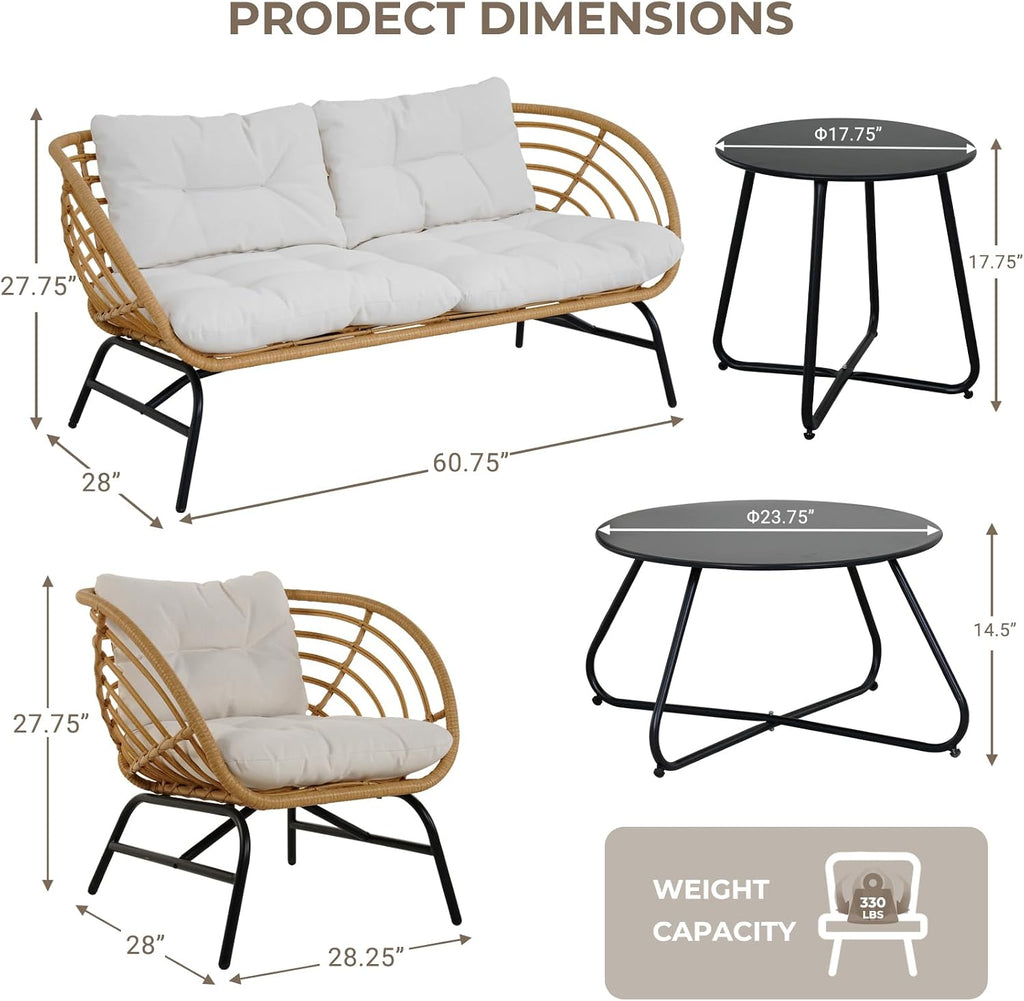 Grand patio Patio Furniture Set, Outdoor Wicker Patio Conversation Seating Chair with Cushions and Coffee Table, Boho Seating Chat Set for Indoor Outdoor, Balcony, Porch, Garden, Deck