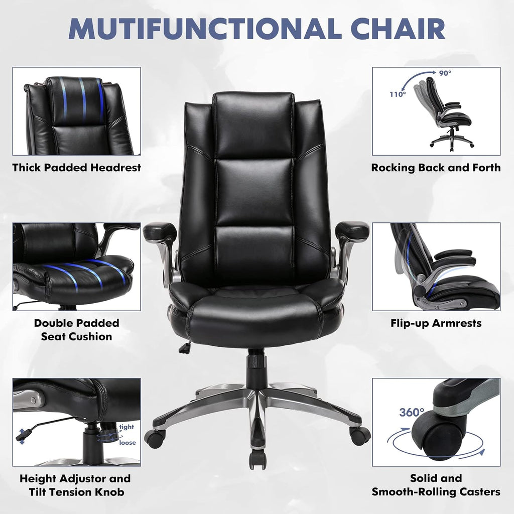 MALOL Leather Executive Office Chair - High Back Home Computer Desk Chair with Padded Flip-up Arms, Adjustable Tilt Lock, Swivel Rolling Ergonomic Chair for Adult Working Study, Black