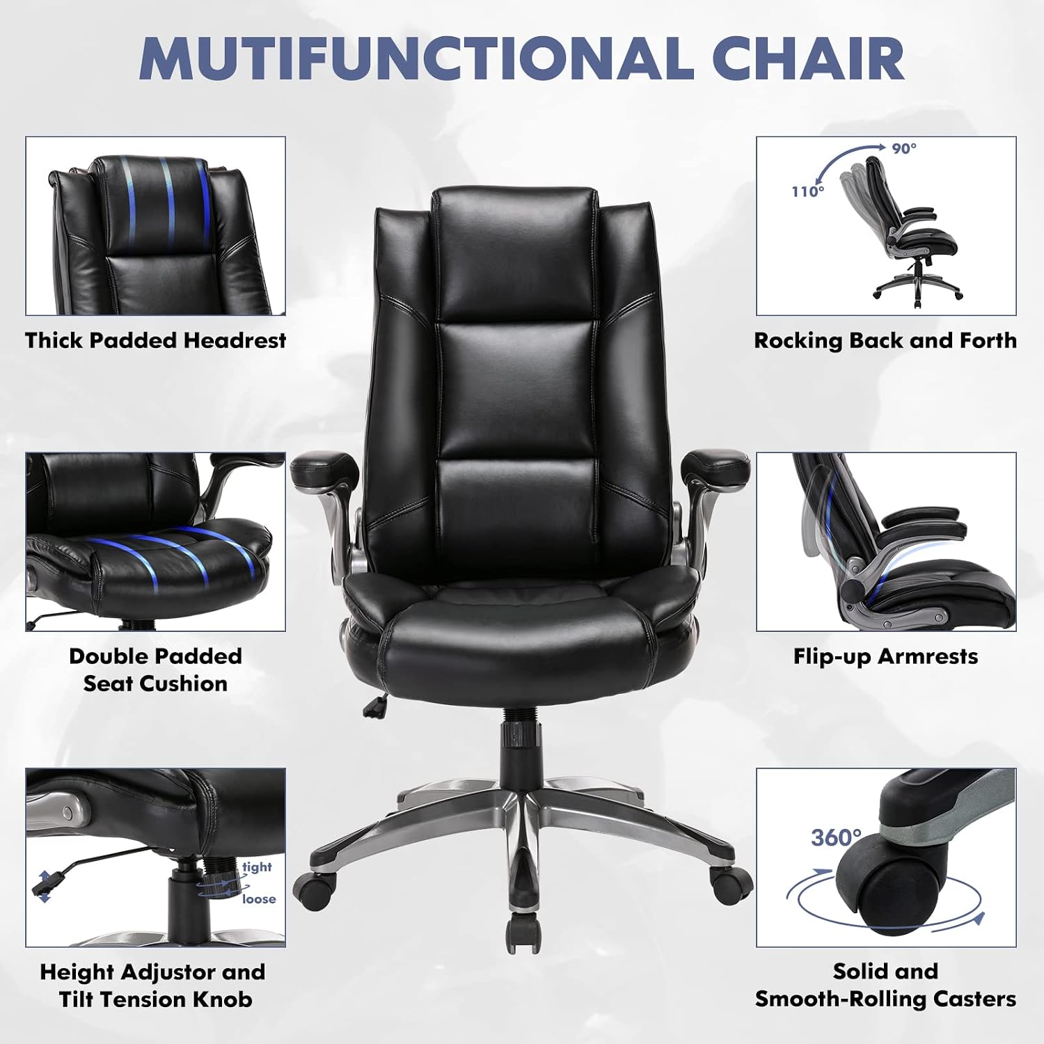 MALOL Leather Executive Office Chair - High Back Home Computer Desk Chair with Padded Flip-up Arms, Adjustable Tilt Lock, Swivel Rolling Ergonomic Chair for Adult Working Study, Black