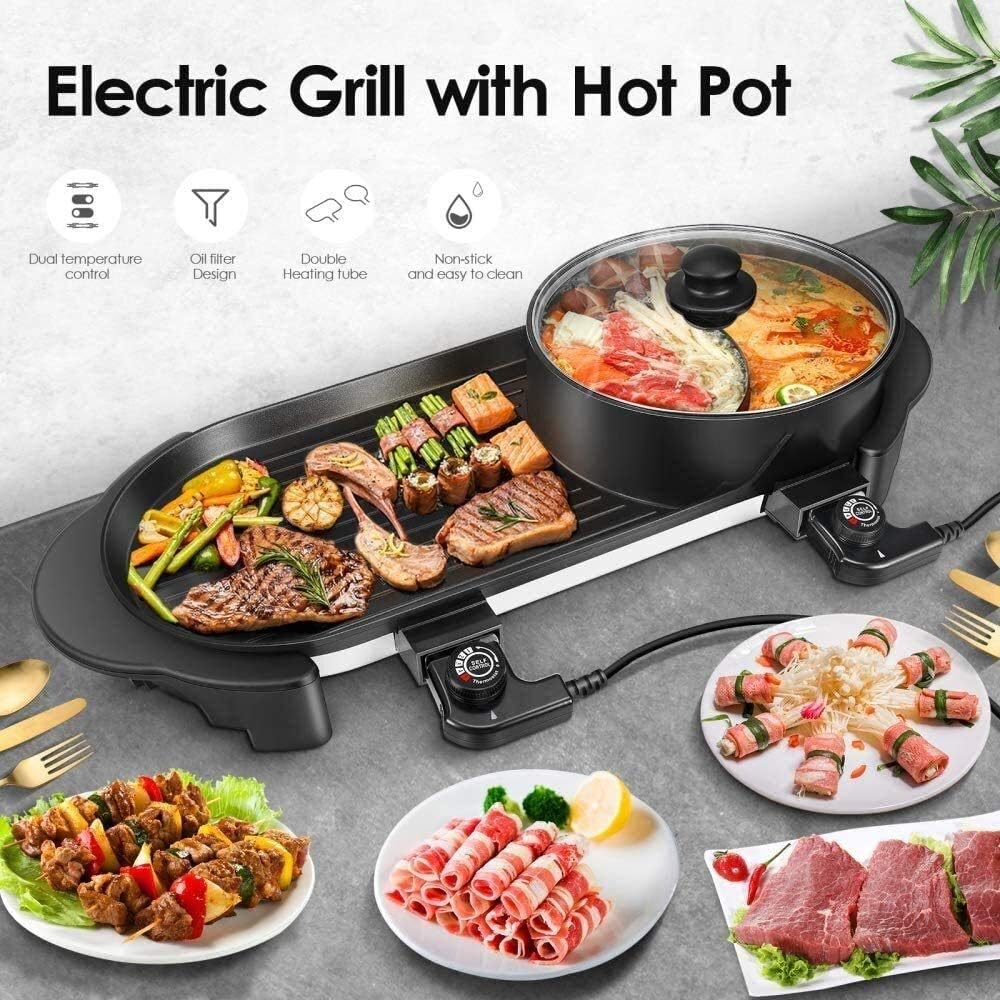 Electric Bbq Grill Indoor, Portable Electric Hot Pot Grill, Barbecue Grill for 1-8 People, Non-Stick Pan Electric Cooker Smokeless BBQ Five-Speed Electric Barbecue Grill