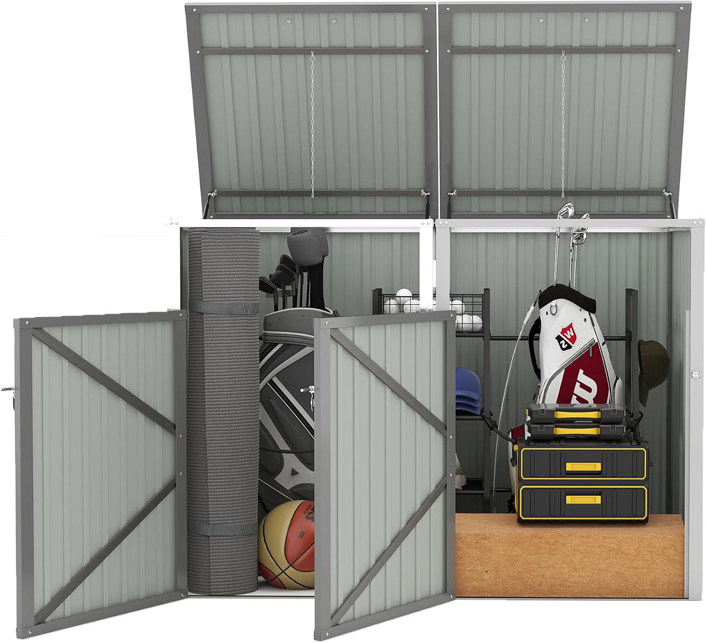 Outdoor Trash Can Storage, Garbage Bin Shed Stores 2 Trash Cans with Pneumatic Support Rod, 54 Cubic feet of Space, Metal Outdoor Storage Shed for Garbage Cans, Garden, Backyard, Patio, Light Gray