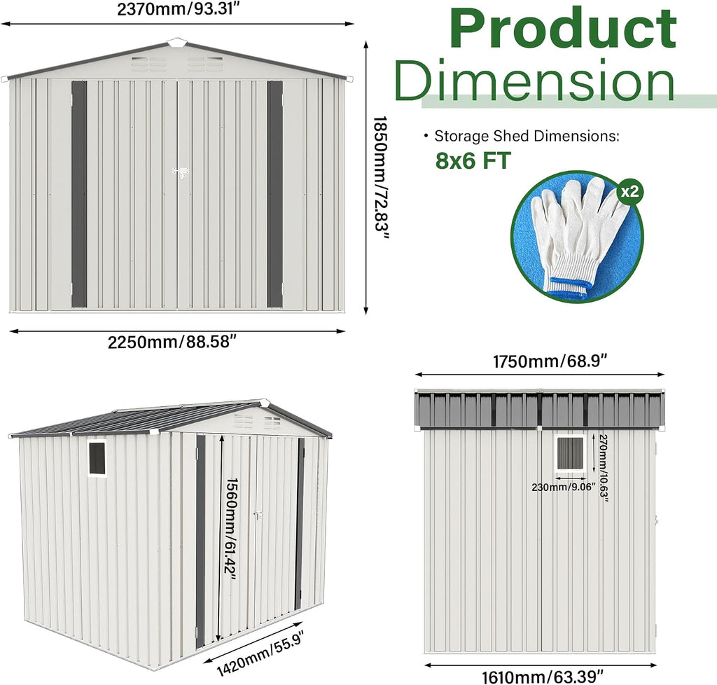 8 x 6 FT Outdoor Storage Shed, Metal Garden Tool Shed with Slooping Roof, Lockable Doors and Aluminum Frames, Easy to Assemble for Garden, Patio, Lawn, White+Black