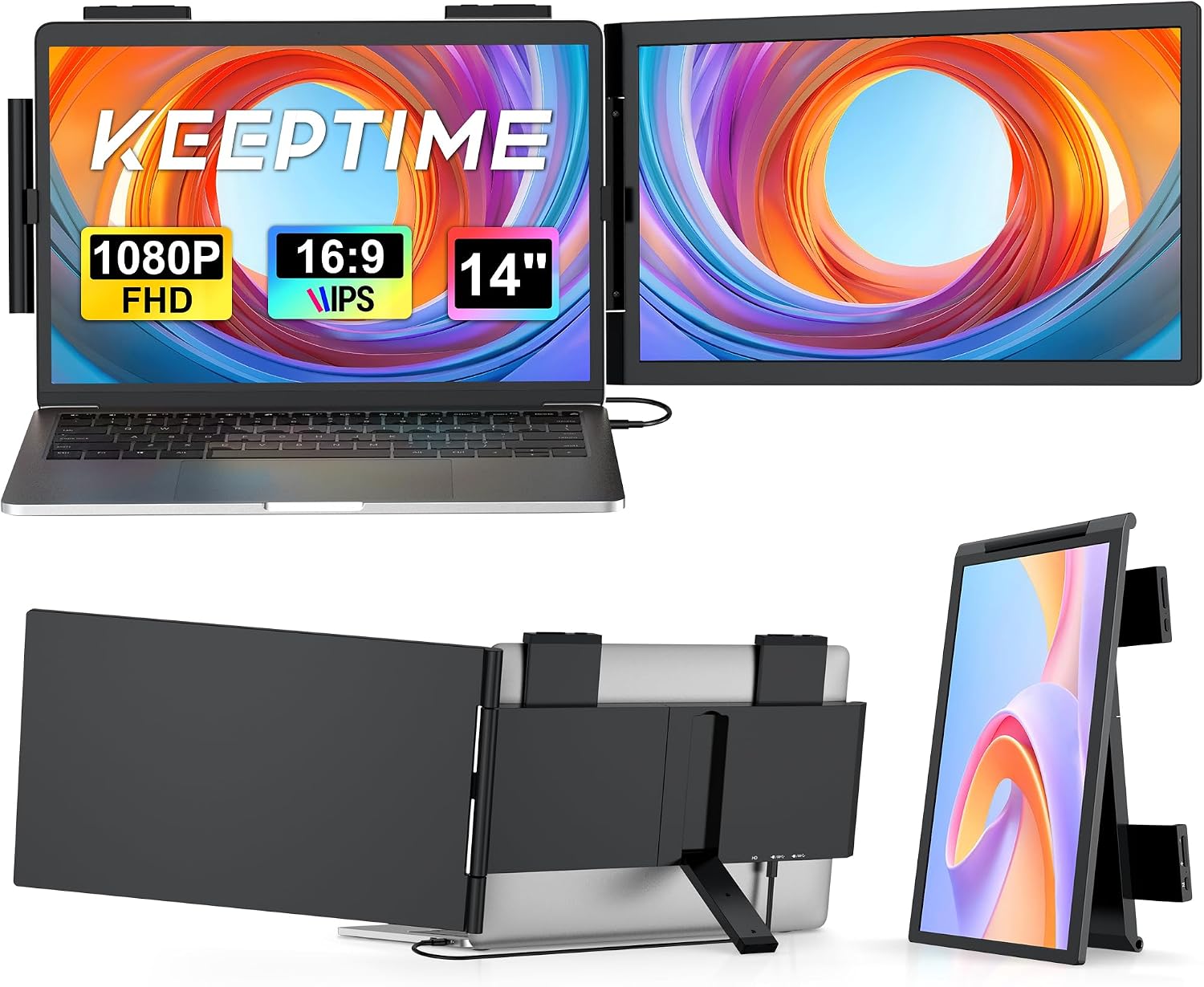 KEEPTIME Laptop Screen Extender, 14' 1080P IPS Laptop Monitor Extender for 14'-16' Laptops, with USB-C/HDMI Port, Plug and Play Portable Monitor for Windows/Mac/Android/Switch/PS5