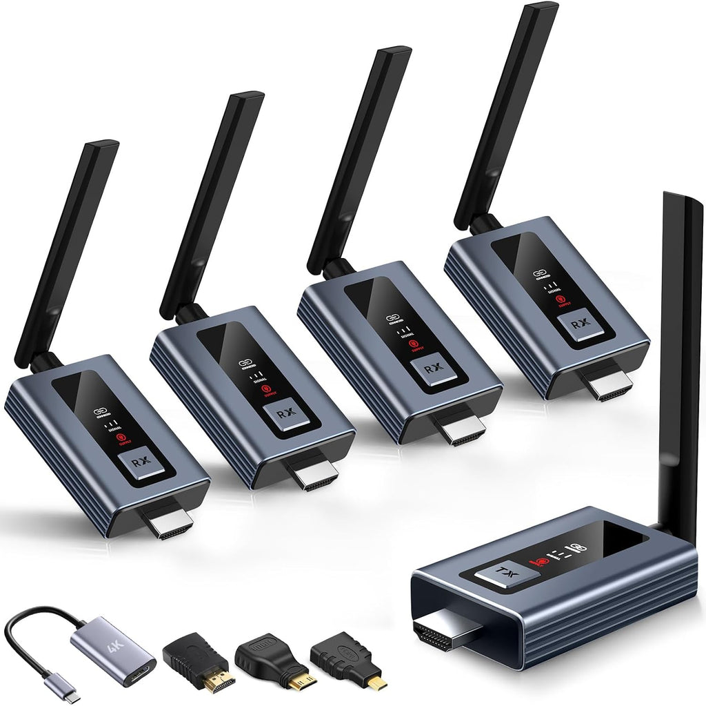Upgraded Wireless HDMI 4 Receivers and Transmitter with LED Screen, Up to 6 RXs,165FT Plug & Play 1080P HD Output 5.8GHz Extender for TV Box/Laptop/Projector/Camera to Multiple Screens