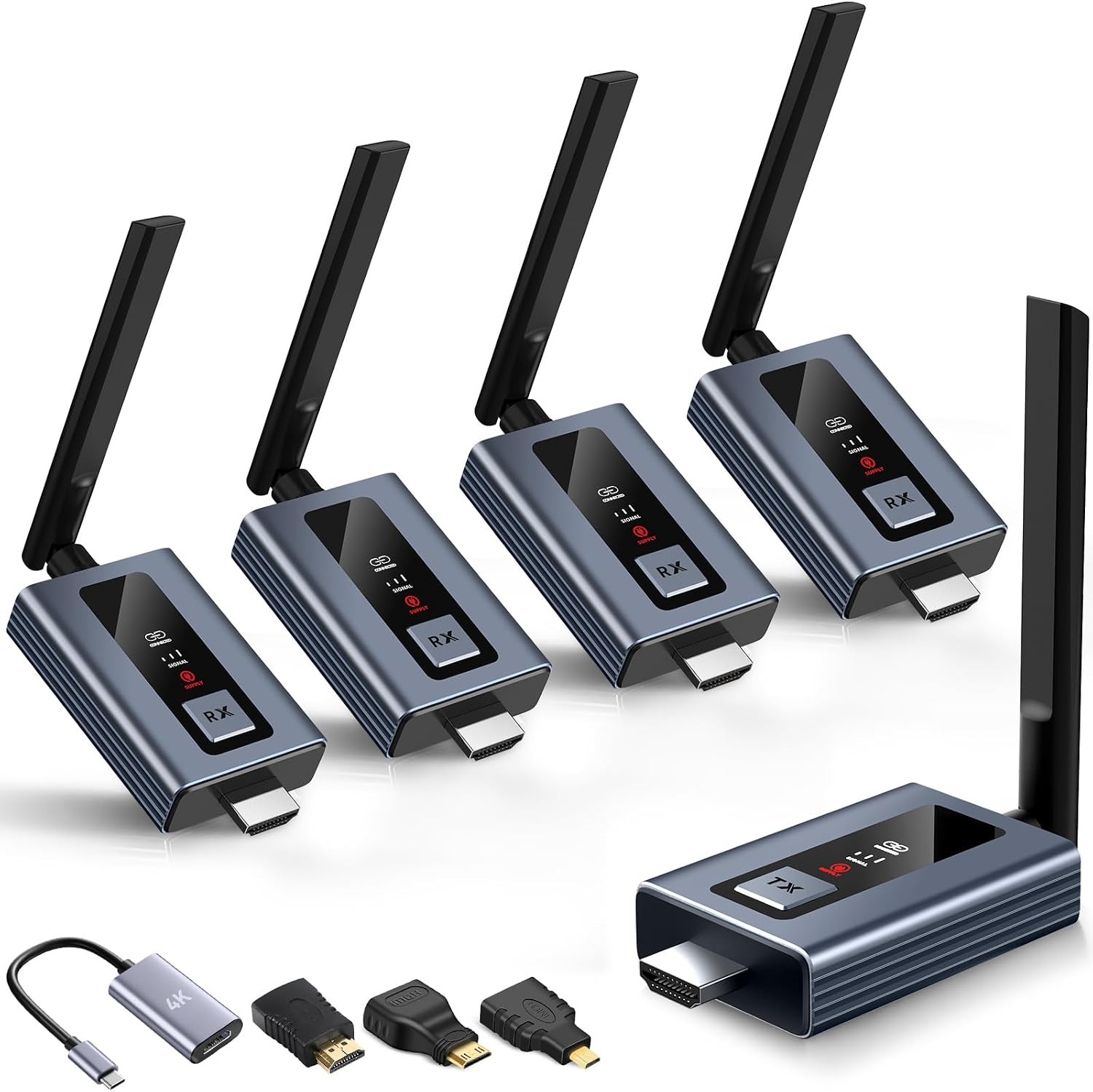Upgraded Wireless HDMI 4 Receivers and Transmitter with LED Screen, Up to 6 RXs,165FT Plug & Play 1080P HD Output 5.8GHz Extender for TV Box/Laptop/Projector/Camera to Multiple Screens