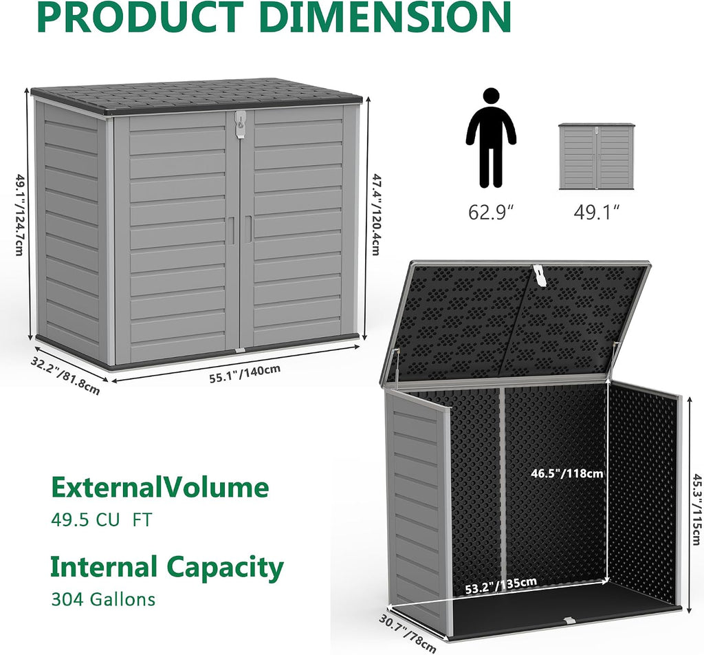 Uhomepro 4.6 Ft. X 4.1 Ft Outdoor Horizontal Storage Shed, Resin Storage Shed with Double Lockable Doors, Ideal for Garbage Can Storage and Garden Tools, Strong Water Resistance