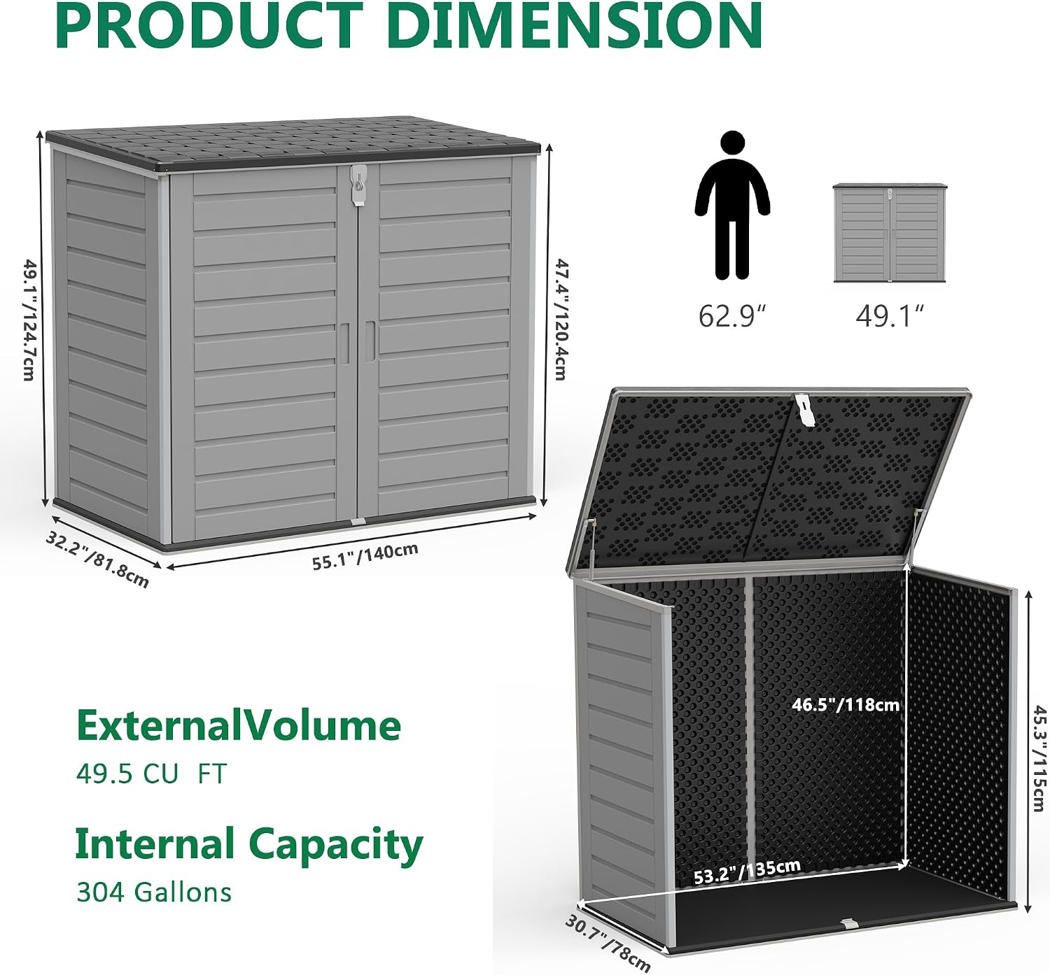Uhomepro 4.6 Ft. X 4.1 Ft Outdoor Horizontal Storage Shed, Resin Storage Shed with Double Lockable Doors, Ideal for Garbage Can Storage and Garden Tools, Strong Water Resistance