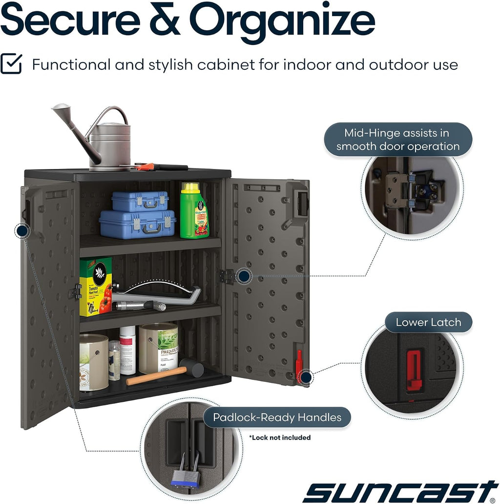 Suncast Heavy-Duty Resin Outdoor Storage Cabinet, 30' W x 20.25' D x 36' H Dark Grey Base Garage Storage Cabinet with Lockable Doors and Metal Reinforced Shelves, Made in The USA