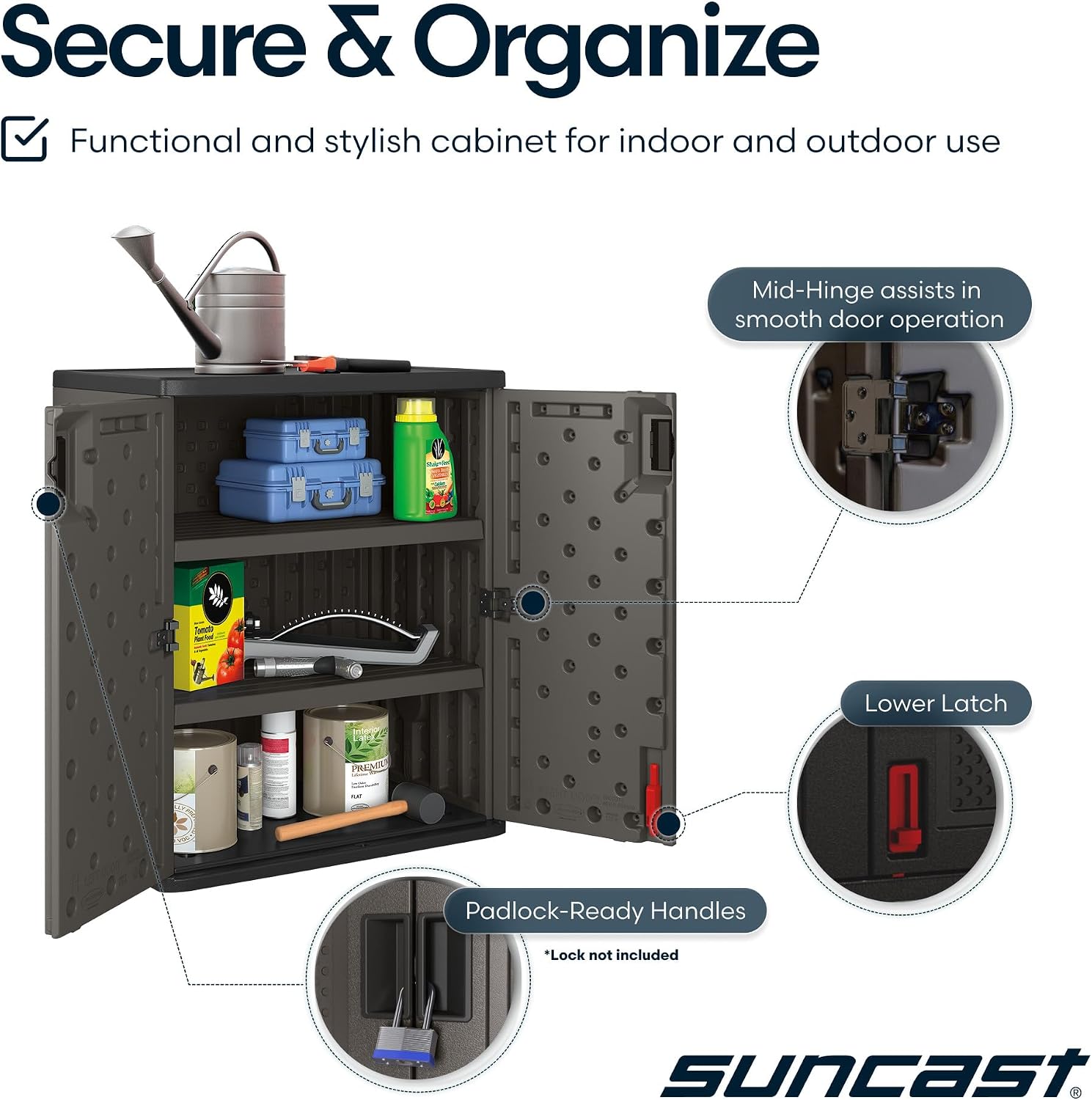 Suncast Heavy-Duty Resin Outdoor Storage Cabinet, 30' W x 20.25' D x 36' H Dark Grey Base Garage Storage Cabinet with Lockable Doors and Metal Reinforced Shelves, Made in The USA