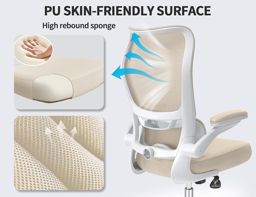 TRALT Ergonomic Office Chair - Desk Chair with Wave High Back Adjustable Lumbar Support Computer Chair - Gaming Chairs Mesh Backrest and PU Leather Seat for Home Reading Chairs to Adults(Beige)