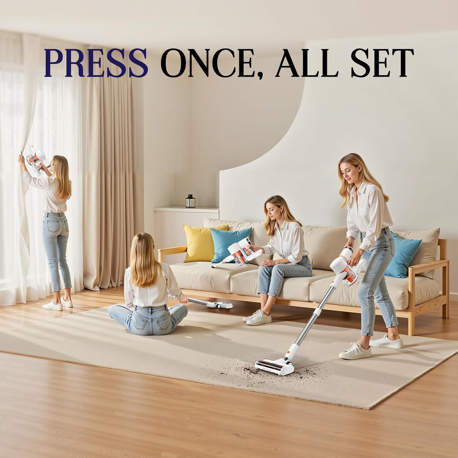 Cordless Vacuum Cleaner, Stick Vac with LED Touch Screen, 45KPA Powerful Suction, Up to 60 Mins Runtime, 7-Stage HEPA Filter, V-shaped Anti-Tangle Brush, Lightweight for Carpet, Hard Floor, Pet Hair