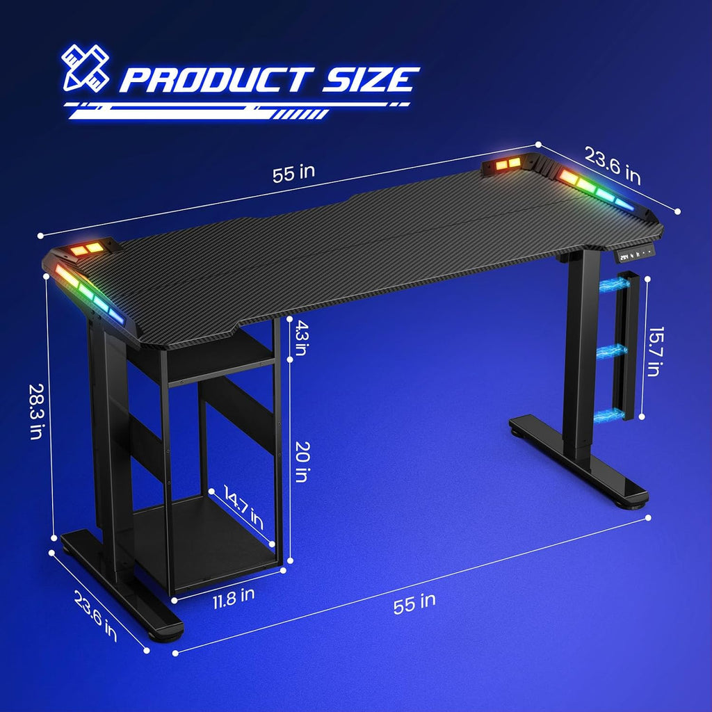 Gaming Standing Desk with LED Lights & Host Shelf, 55' x 24' Gaming Table with Music Sensing APP Control, Underdesk Cable Storage Electric Standing Desk, Black Carbon Fiber PC Table for Home Office