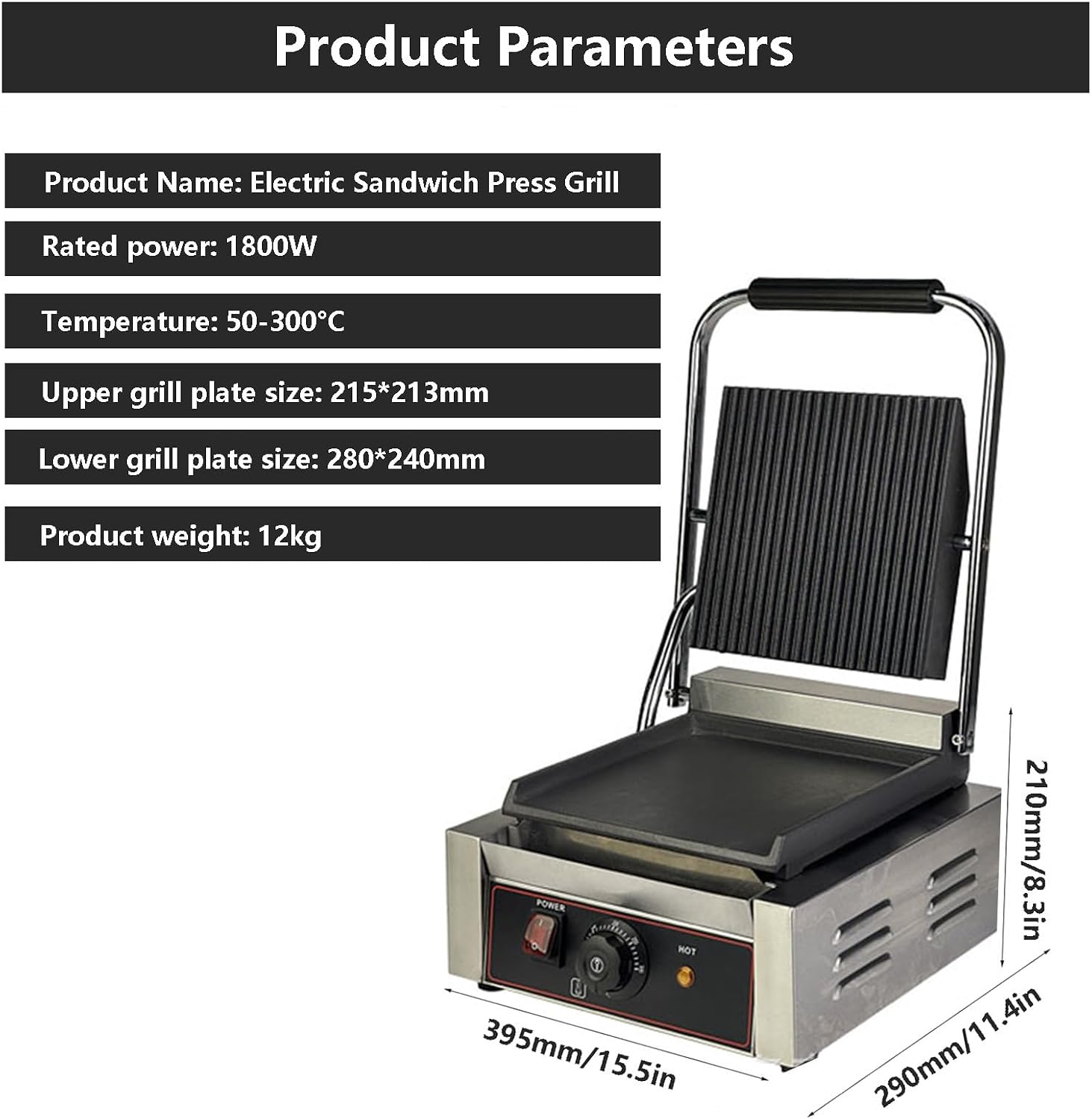 Commercial Sandwich Grill, Contact Grill Single-plate Platen Grill Countertop Sandwich Press W/Tempe Control 50-300℃,for Home Or Restaurant Use