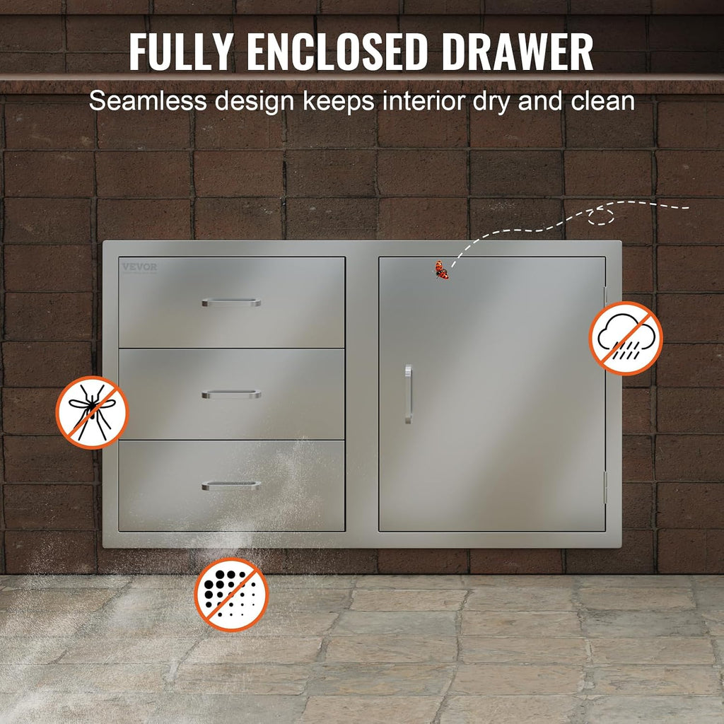 VEVOR BBQ Island Drawers 38.1W x 22.6H x 20.8D, Outdoor Kitchen Door Drawer Combo Cabinets, BBQ Access Door/Triple Drawers Combo, Stainless Steel Handles, Perfect for BBQ Island Patio Grill Station