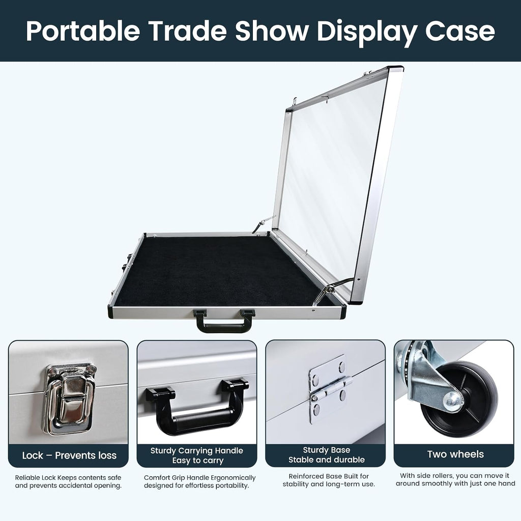 Trade Show Display Case for Cards 34' x 22' Aluminum Portable Locking Display Case with Wheels and Foldable Stand, Clear Acrylic Top Tabletop Showcase for Jewelry, Collectible & Sports Cards