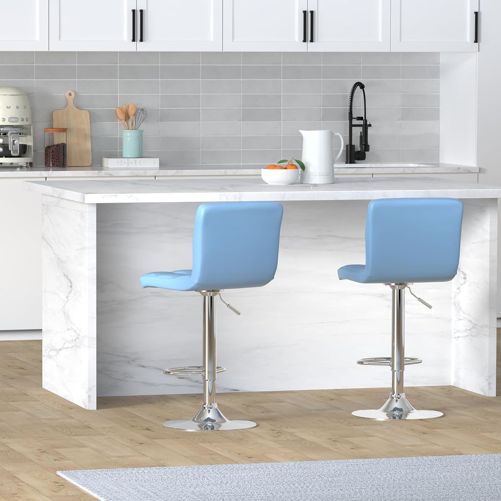 Leopard Bar Stools, Modern PU Leather Adjustable Swivel Bar Stool with Back, Set of 2 (Light Blue)