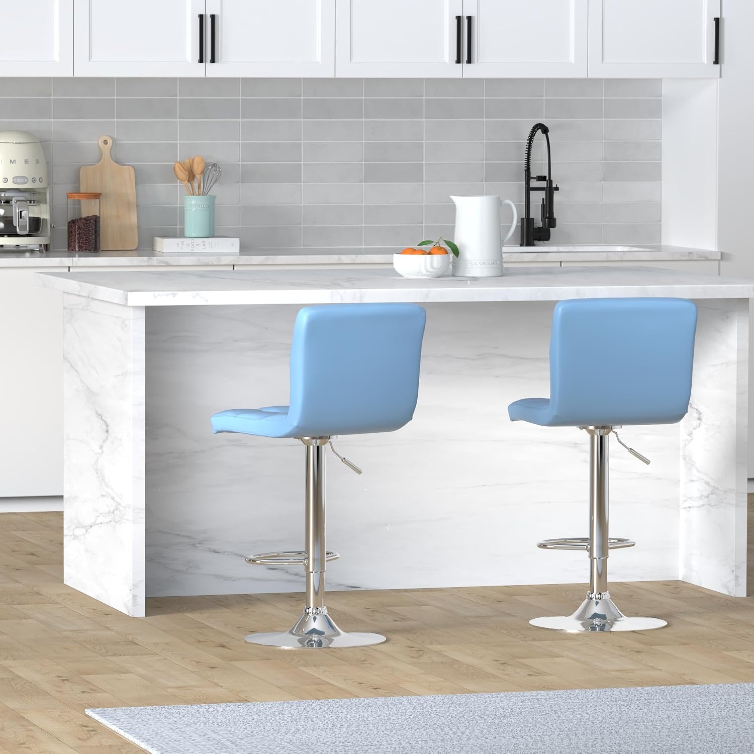 Leopard Bar Stools, Modern PU Leather Adjustable Swivel Bar Stool with Back, Set of 2 (Light Blue)