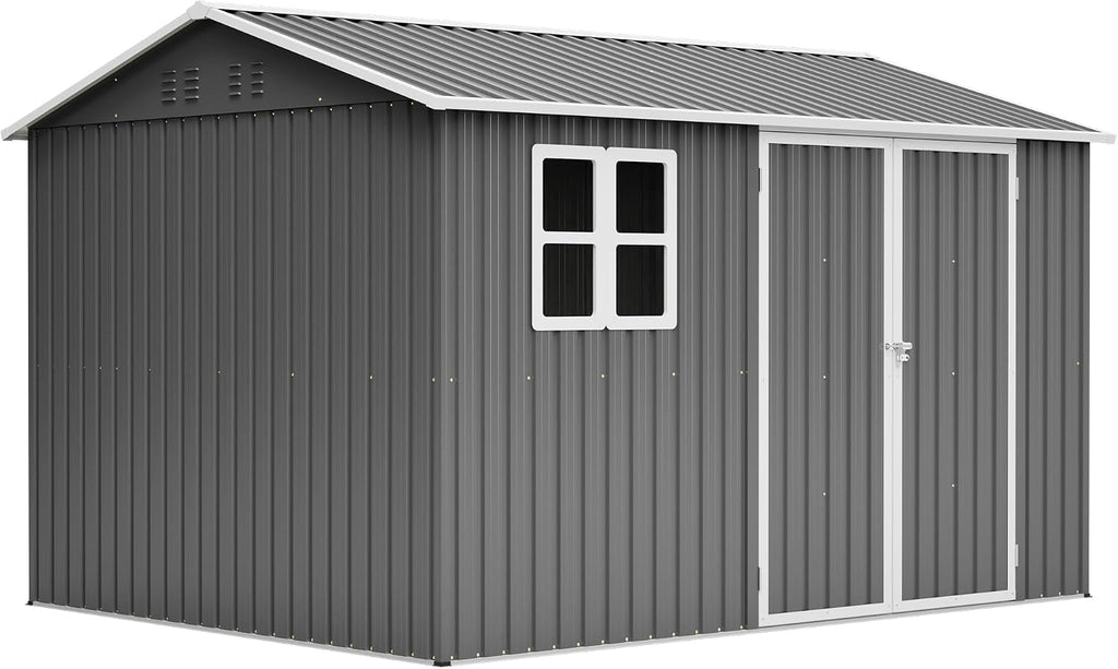 8x10FT Sheds & Outdoor Storage Shed with Bright Window and Lockable Doors, Spacious Metal Garden Shed Heavy-Duty Tool Sheds for Backyard, Patio, Lawn, Gray, Galvanized Steel