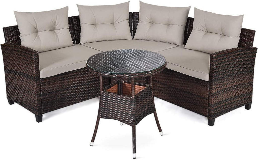 HAPPYGRILL 4 Pieces Rattan Patio Conversation Set, Outdoor Wicker Furniture Set with Cushioned Sofas and Coffee Table, L-Shape Sectional Curved Sofa Set for Garden Poolside Balcony