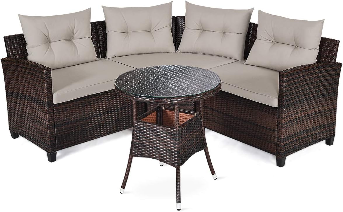 HAPPYGRILL 4 Pieces Rattan Patio Conversation Set, Outdoor Wicker Furniture Set with Cushioned Sofas and Coffee Table, L-Shape Sectional Curved Sofa Set for Garden Poolside Balcony