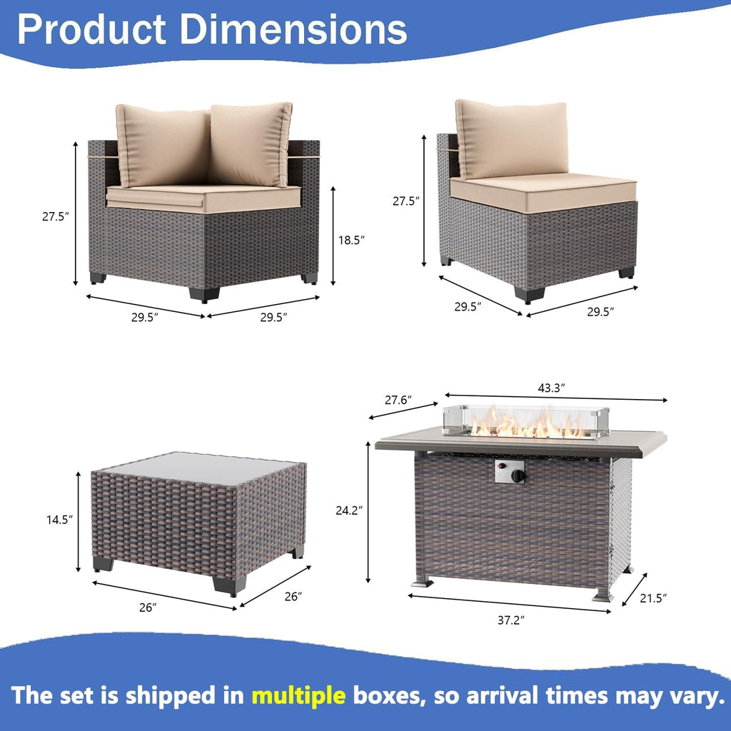 8 Pieces Outdoor Patio Furniture Set,Outdoor Sectional Furniture with 43' 55000 BTU Gas Propane Fire Pit Table,All Weather PE Rattan Wicker Patio Conversation Set,Sand