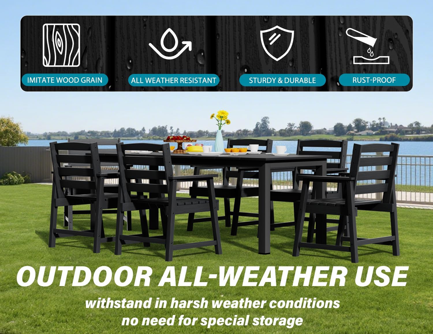Ayge 9-Piece Outdoor Dining Set – HDPE Patio Furniture for 8 with 2' Hole Cut-Out Table & 8 Chairs, Perfect for Pool, Patio, Garden, Black