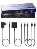 8K Displayport 2.1 KVM Switch 2 in 1 Out DP1.4 with 4 USB 3.0 Ports Support 8K@60Hz 4K@240Hz, 2 Computers Share 1 Monitor Keyboard Mouse U-Disk Printer