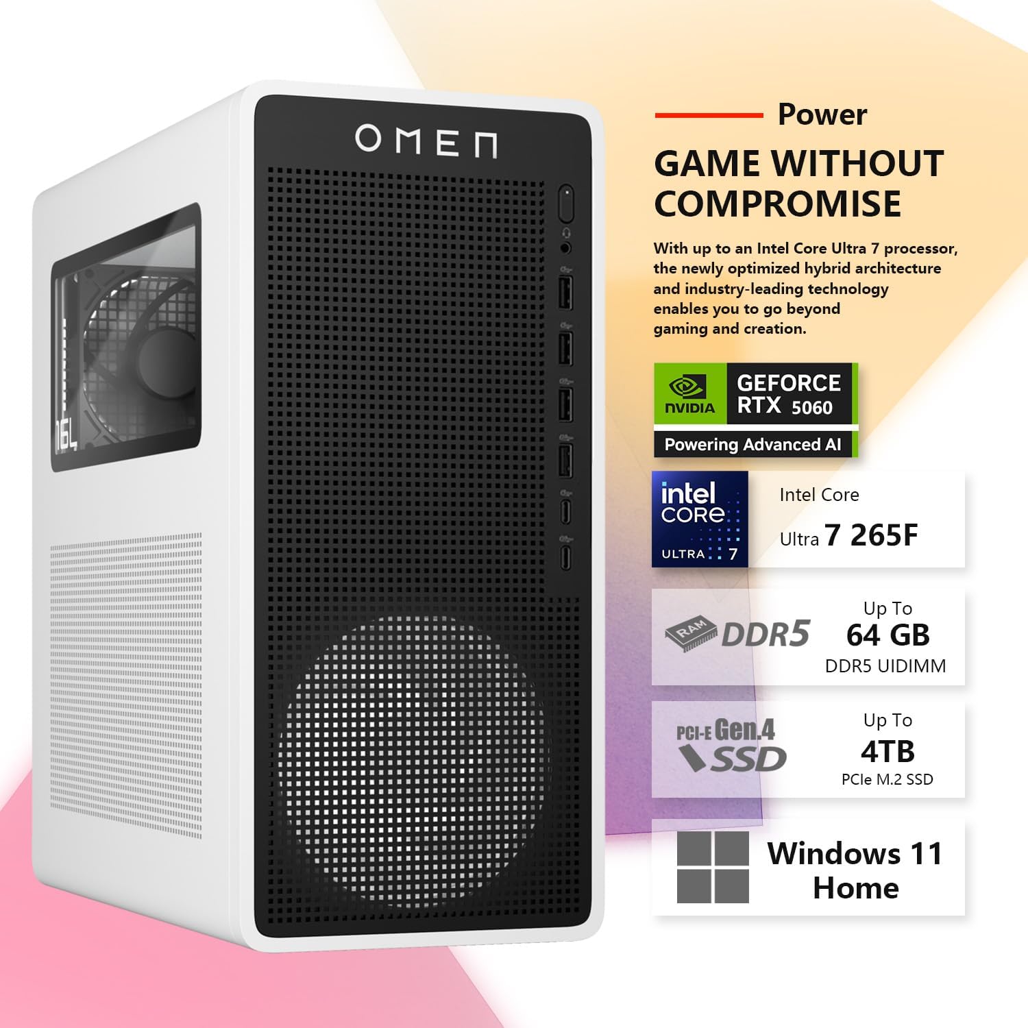 HP OMEN 16L TG03 Gaming Desktop, Intel Ultra 7 265F, NVIDIA RTX 5060, 64GB DDR5 RAM, 2TB SSD, AI-Ready Workstation PC for Gaming & Music Production, Bundle with Thunderobot Keyboard