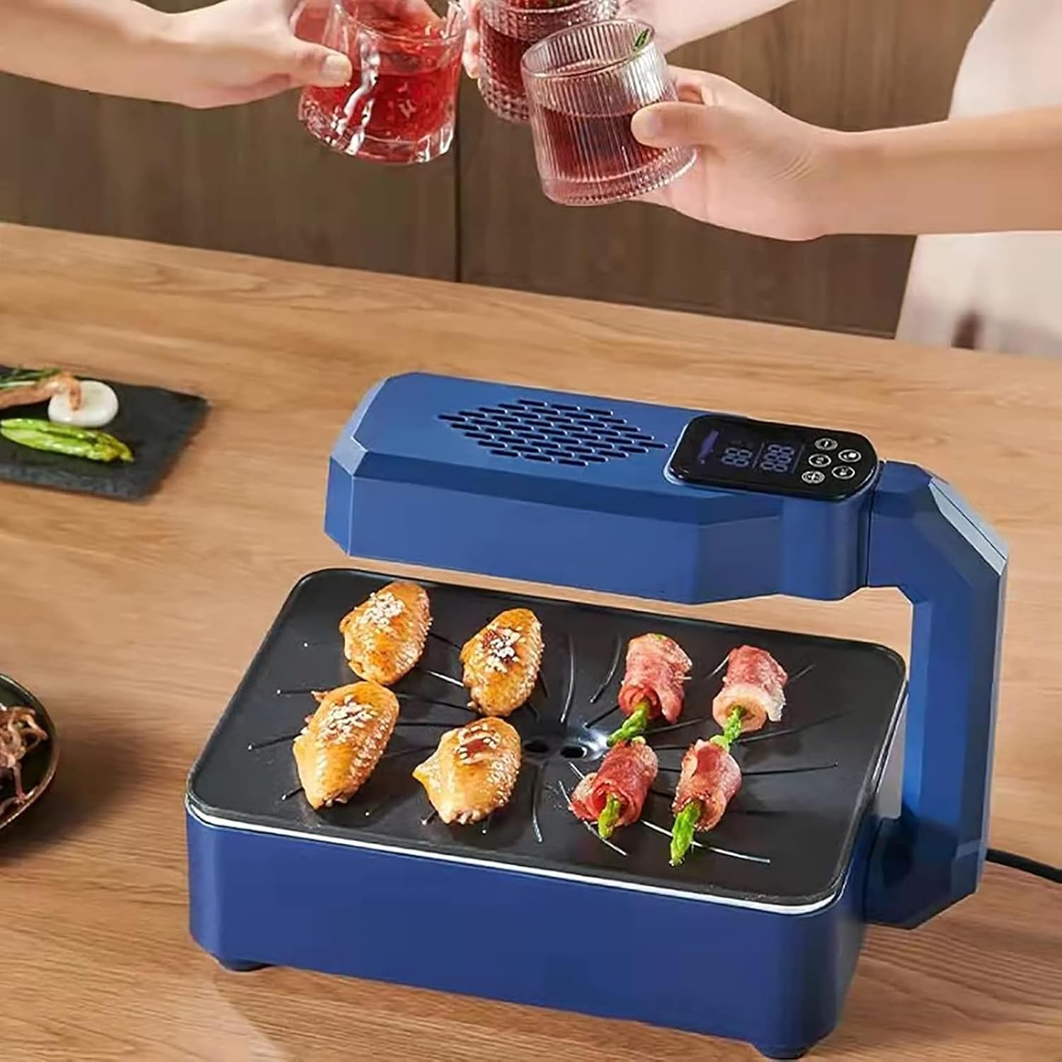 Electric Smokeless Indoor Grill, Multifunctional Non-Stick Electric Grill with LCD Liquid Crystal Screen, 1-80 Minutes Time/80-280°Temperature Adjustment/35cm Large Baking Pan